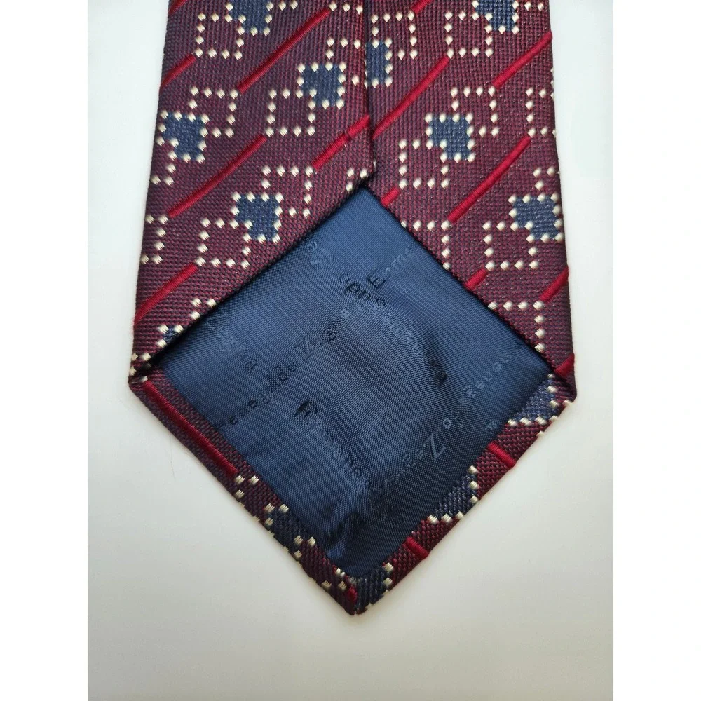 Ermenegildo Zegna Silk Tie Burgundy Geometric Diagonal Stripe Italy 3.5